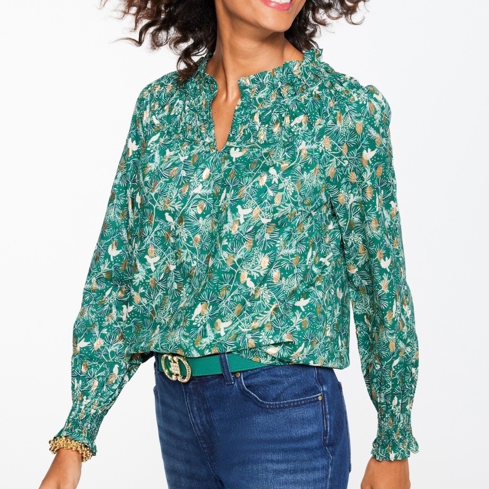 Talbots Green Shirred Top Bird On Branches Gold Detail Women's Medium